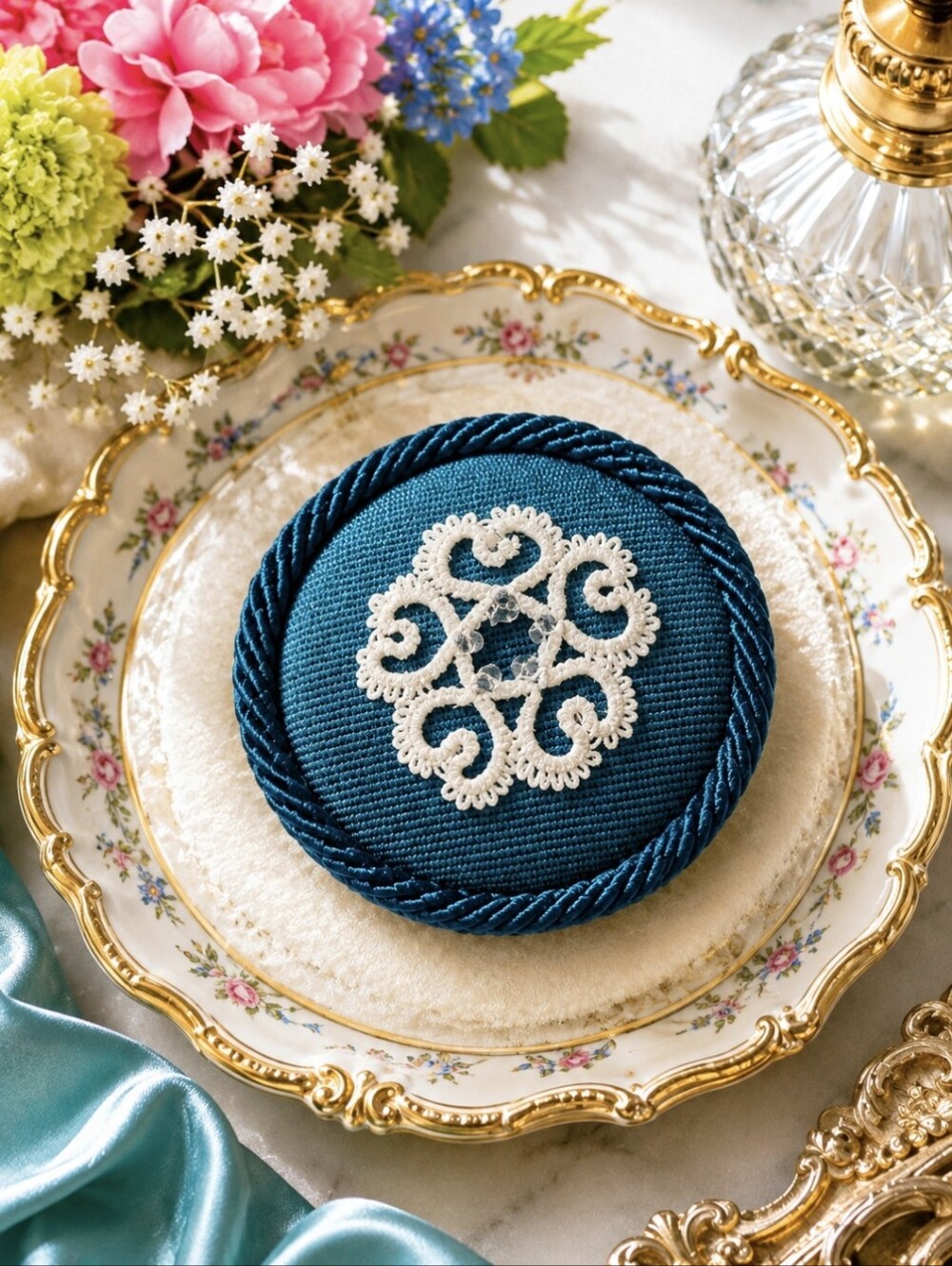Handmade Teal Decorative Velvet  Cushion with Lace Medallion Brooch